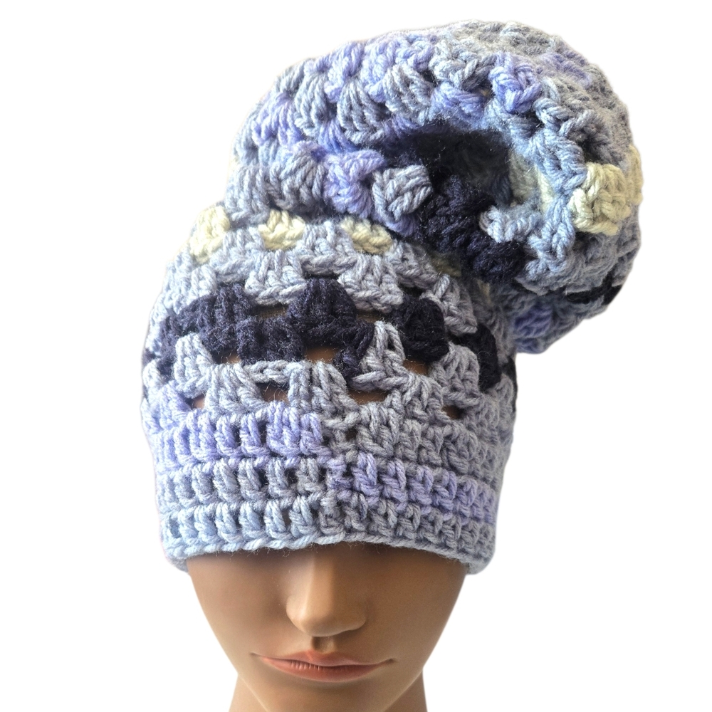 Blue-Green Granny Square Slouchy Beanie, Handmade By Me, Ask About Customs